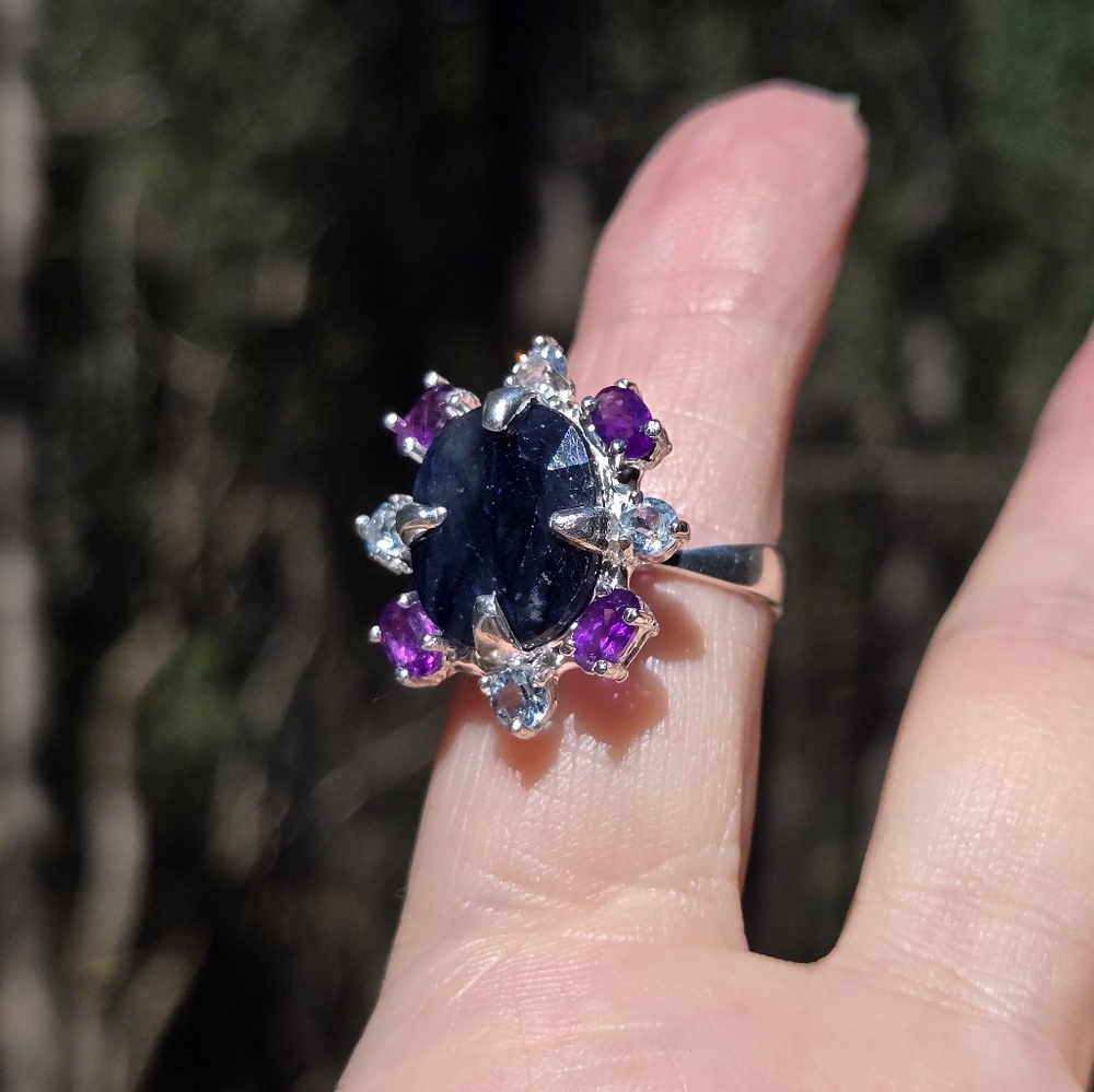 Deep blue sapphire 10k amethyst & Topaz sterling ring sz7 - Picture 6 of 11